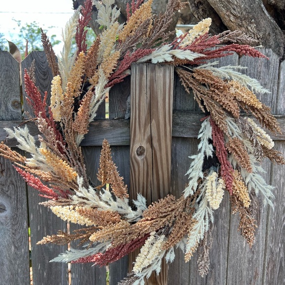 14” Fall Faux Wheat Wreath – Rustic Autumn Pampas Style Door Decor Dried look - Picture 2 of 8